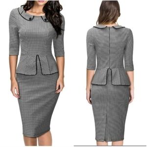 Miusol Black white Houndstooth Plaid Peter Pan Collar Midi Dress Medium